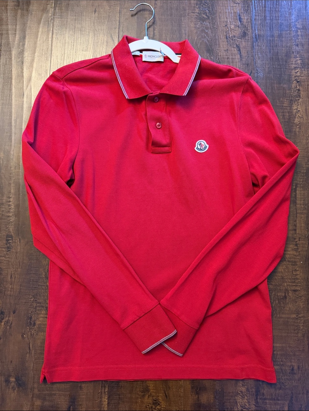 Moncler Mens Long Sleeve Polo in Bright Red with Contrast Trim